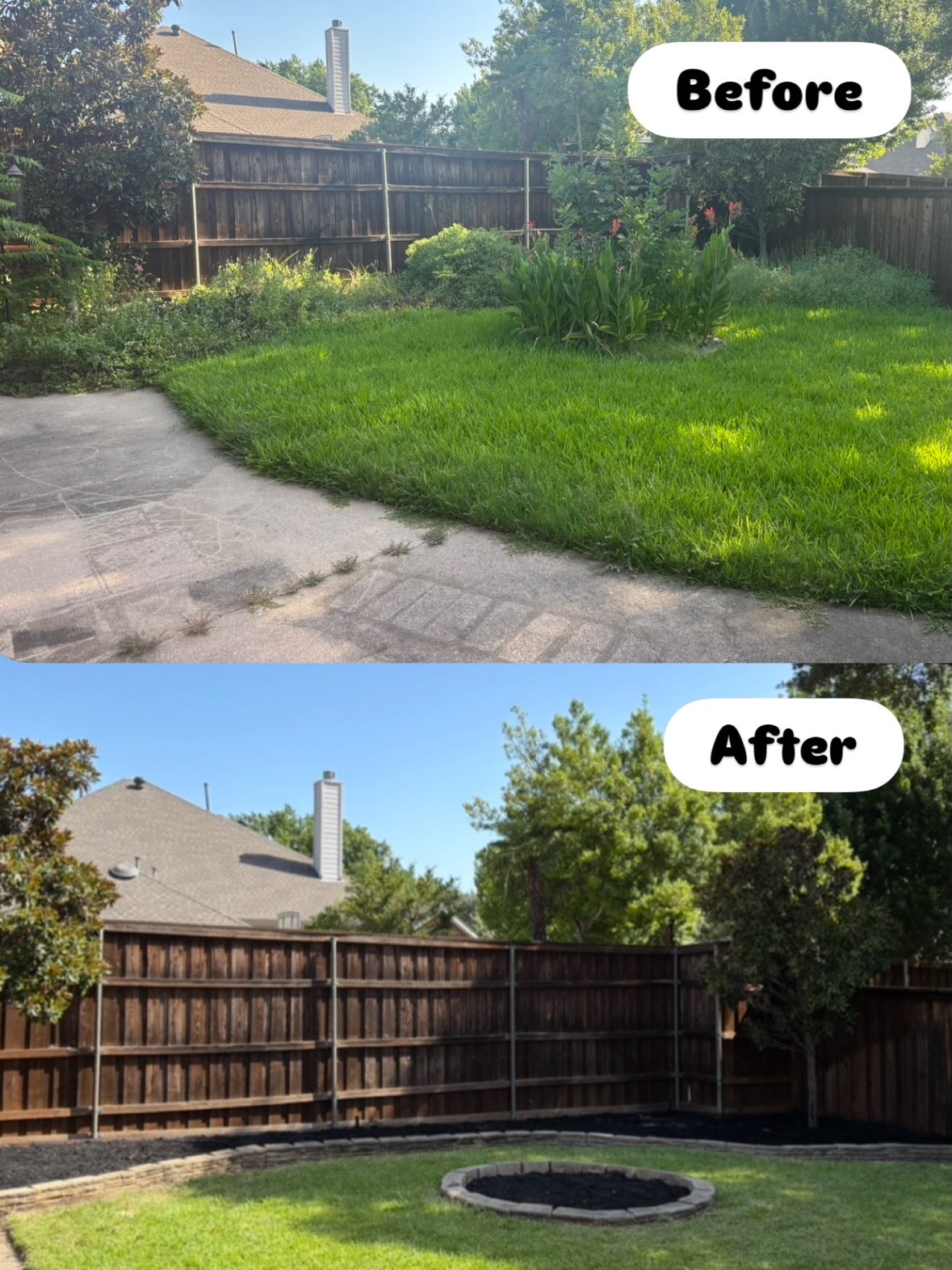 Before-and-after views of a backyard landscape bed