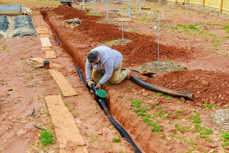 Mulched landscape bed beside a downspout and irrigation hose