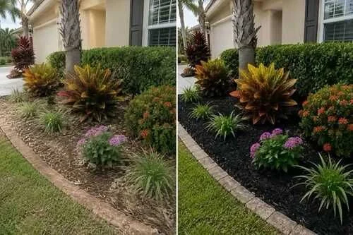 Landscape planting bed shown before and after a mulch refresh