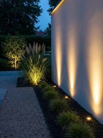 Exterior wall and garden illuminated by warm landscape lighting